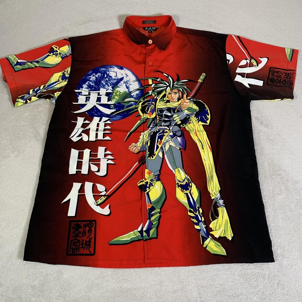 Vintage ZAM Animated Shirt Mens Large Red Anime Samurai Short Sleeve Button Up